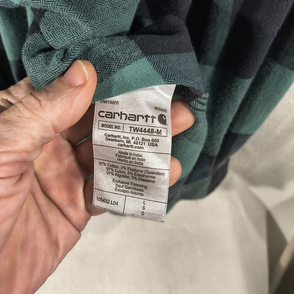 Carhartt Men's Size Large Green & Black Plaid Flannel Relaxed Fit L Sleeve Shirt - Picture 6 of 7